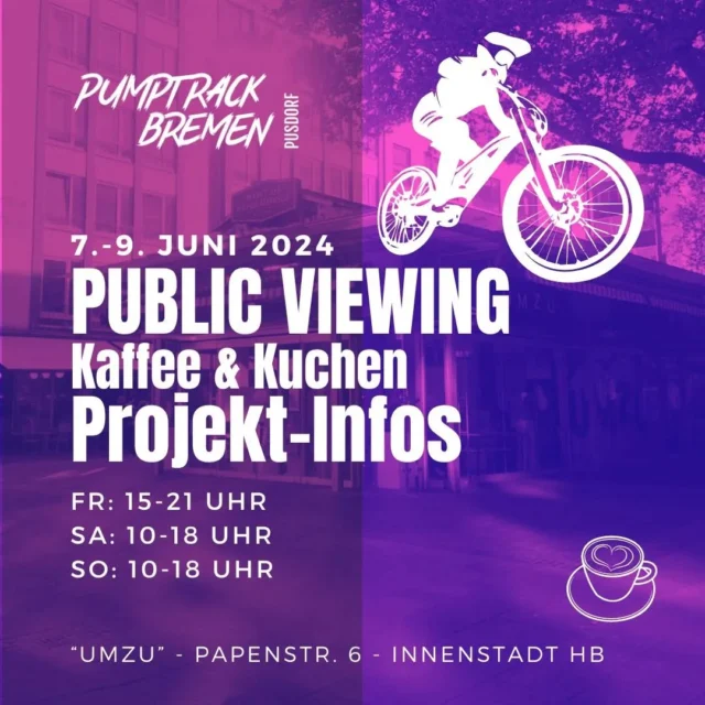 Wer behauptet denn, dass in der Innenstadt nichts geht? Wir gastieren das ganze Wochenende im ehemaligen Marktpavillon und zaubern die wunderbare Welt der Pumptracks und den Mountainbike World Cup auf die Leinwand. Yes, Public Viewing!
Wir richten uns häuslich ein und damit Ihr auch gar keine Ausreden mehr habt, nicht vorbeizukommen: bei uns gibt es Kaffee & Kuchen (gegen Spende), Liegestühle, Zeitschriften, Projekt-Infos und charmanten Tüddelkram.
Die Live-Übertragung aus Leogang (Downhill) am Sonntag läuft ab 12.15 Uhr bis ca. 17.15 Uhr. Kommt gerne schon früher und bringt was zu brunchen mit.
Bis die Tage 🙂
Ort: "UMZU", Papenstraße 6 (zwischen Saturn und Rossmann)
@umzu_23
🛹🛼🛴🌊🚲
#bremen #hb #woltmershausen #pusdorf #bikeit #bremenerleben #pumptrack #dirttrack #jumpline #mtb #bmx #skateboard #surfskate #scooter #pusdrop #publicviewing #mtbworldcup #leogang #kaffeeundkuchen #pusdorfgoesinnenstadt