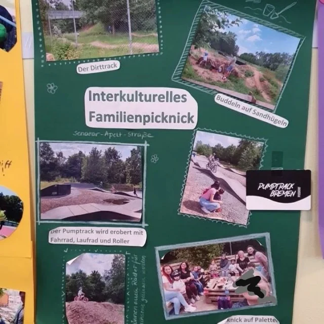 Einerseits denken wir groß und unsere Mitglieder kommen aus ganz Bremen und umzu. Andererseits sind wir aber auch ein waschechtes Stadtteilprojekt und sehen unser Vereinsgelände als Ort, an dem wir gemeinsam mit Pusdorfer Institutionen ein Angebot schaffen, das den Stadtteil noch ein Stückchen lebenswerter macht.
So veranstaltete z.B die KiTa Roter Sand bei uns im Sommer ein interkulturelles Familienpicknick, bei dem Scooter, Laufrad, BMX ausprobiert werden konnten. Die Oberschule Roter Sand wiederum hatte uns mit ihrem Wegweiser überrascht, nachdem wir im Winter bereits im Rahmen einer AG gemeinsam das ein oder andere Abenteuer auf dem Gelände erlebt hatten. Was können wir sagen? Es freut uns, dass unser Projekt in Woltmershausen so gut angenommen wird und wir alle zusammen der Zukunft entgegenfiebern.
🛹🚲🛴🛼
#bremen #hb #woltmershausen #pusdorf #bikeit #bremenerleben #pumptrack #dirttrack #mtb #bmx #skateboard #surfskate #scooter #pusdrop #picknick #sommer #interkulturell #kitarotersand #oberschulerotersand