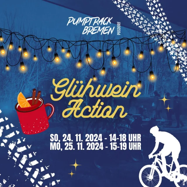 🌟 Glühwein-Action 24./25. November 2024🌟
Es wird muckelig bei uns auf dem Gelände. Mit Glühwein/Kinderpunsch, Feuertonnen, Tombola und beleuchtetem Kidstrack, auf dem auch gefahren werden kann.
Selbstverständlich gibt es auch aktuelle Projekt-Infos von uns 🙂
Der Erlös dieser Aktion wandert - wohin auch sonst - in unsere Vereinskasse. 
Wir freuen uns auf Euch 🙂
-----
So, 24. November - 14-18 Uhr
Mo, 25. November - 15-19 Uhr
Wo: "Pusdorfer Meile" Senator-Apelt-Straße/Am Tabakquartier
- Glühwein, Kinderpunsch, 
Kaffee & Tee
- Tombola 
- Beleuchteter Kidstrack 
(es darf gefahren werden 🙂 )
- Feuertonne
- Projekt-Infos
🚲🛹🛴〰️🌊
#bremen #hb #woltmershausen #pusdorf #bikeit #bremenerleben #pumptrack #kidstrack #dirttrack #dirpark #jumpline #mtb #bmx #skateboard #surfskate #scooter #mtbhopper #glühweinaction #eswirdbunt
