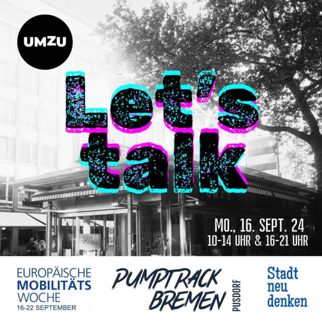 ☀️ Mo., 16. Sept. 2024, 10-14 & 16-21 Uhr ☀️
Morgen liefern wir in der Innenstadt unseren Beitrag für die Europäische Mobilitätswoche“ (16.-22.9.2024). Das Team von Stadtneudenken hat in Kooperation mit diversen Bremer Institutionen ein spannendes Programm rund um die Themen Mobilität und Stadtentwicklung auf die Beine gestellt. Wir nehmen hierfür erneut das UMZU, den ehemaligen Marktpavillon am Hanseatenhof, in Beschlag und versorgen Euch mit aktuellen Projektinfos, gepflegter Rumfläz-Atmosphäre und der einen oder anderen Bespaßung für kleine und große Spielkinder - selbstverständlich rund um das Thema Biken/Skaten/Shapen. 
Ab 19 Uhr heißt es eigentlich „Members only“. Wer aber mal einen Einblick in unsere Vereinsarbeit bekommen möchte, darf trotzdem gerne bleiben.
Ort: "UMZU", Papenstraße 6 (zwischen Saturn und Rossmann)
@stadtneudenken 
@umzu_23 
„Ein Pumptrack & Dirtpark für Bremen
Asphaltierte Wellen abreiten, durch Steilkurven jagen oder im Dirtbereich Airtime und Trail-Feeling genießen. Der „Pumptrack Bremen e.V.“ haucht seit Frühjahr 2023 einer urbanen Brache am Rande des Tabakquartiers in Woltmershausen neues Leben ein und versteht sich selbst nicht als reinen Sportverein für Bikes, Boards und Co. Auf dem 12.000 m² großen Vereinsgelände im Grünen ist durchaus Platz für mehr. So sieht die Vereinssatzung neben der Realisierung einer öffentlich zugänglichen kostenlosen Rollsportanlage auch die Bereitstellung von Flächen für Kultur vor.
Der Wunsch? Ein neuer spannender und entspannter Ort für alle Menschen – für den Stadtteil und weit darüber hinaus. Raum für Gestaltung, für „echtes“ Anpacken. So entstehen derzeit in bester DIY-Manier Kidstrack, Jumpline, Workshops und vieles mehr… Weitere Ideen, Konzepte und Kooperationen sind herzlich willkommen – get in touch!”
Eine Veranstaltung des Pumptrack Bremen e.V.“
https://stadtneudenken.de/europaeische-mobilitaetswoche/#partner
🛹🛼🛴🌊🚲
#bremen #hb #woltmershausen #pusdorf #bikeit #bremenerleben #pumptrack #dirttrack #jumpline #mtb #bmx #skateboard #surfskate #scooter #pusdrop #dirtpark #nodignoride #pusdorfgoesinnenstadt #stadtneudenken #stadtentwicklung #umzu #mobilitätswoche